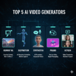 A digital infographic displaying five vertical panels representing top AI video tools like Runway ML, DeepMotion, Synthesia, Pika, and HeyGen with their key features.