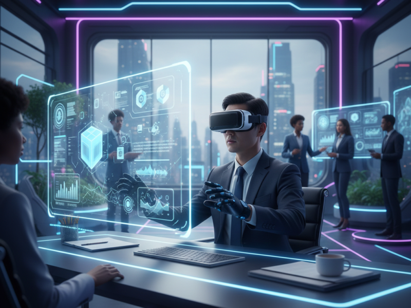 A professional in a sleek, neon-lit office wearing a VR headset and haptic gloves, manipulating floating 3D data holograms with colleagues visible in the background.