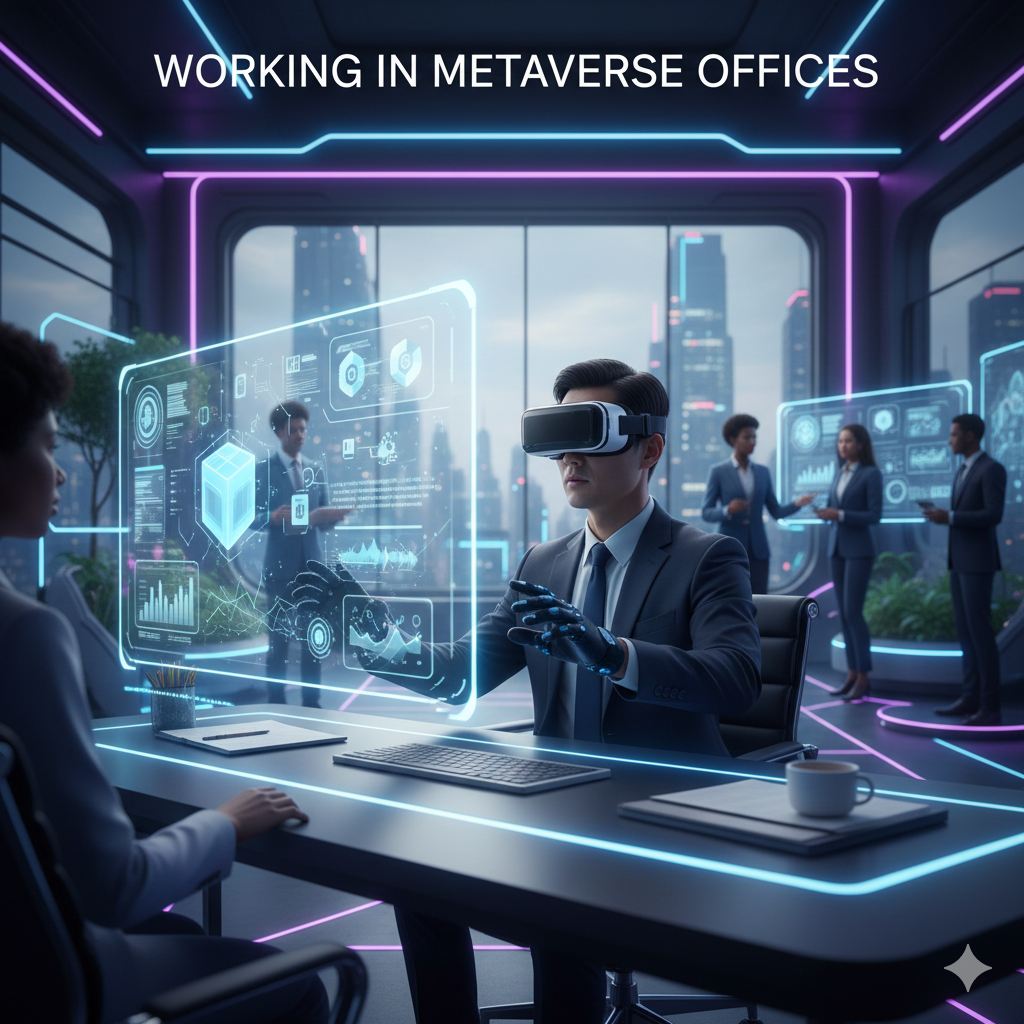 A professional in a sleek, neon-lit office wearing a VR headset and haptic gloves, manipulating floating 3D data holograms with colleagues visible in the background.