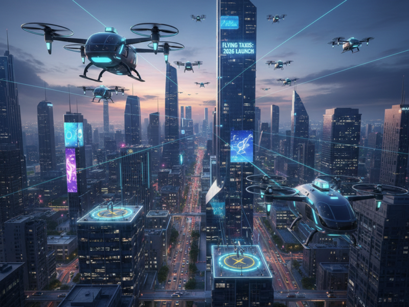 A fleet of electric vertical takeoff and landing (eVTOL) flying taxis navigating a sunset cityscape with glowing landing pads on skyscrapers.