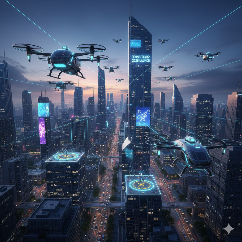 A fleet of electric vertical takeoff and landing (eVTOL) flying taxis navigating a sunset cityscape with glowing landing pads on skyscrapers.