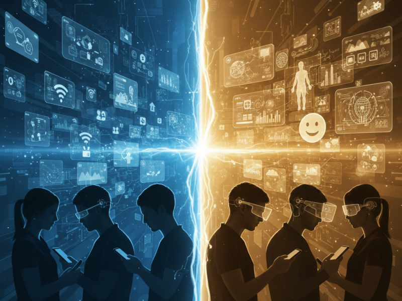 A split-screen visual comparing people looking down at handheld smartphones in a blue-tinted "Smartphones" section versus people wearing sleek AR glasses looking up at holographic displays in a golden "AI Future" section.