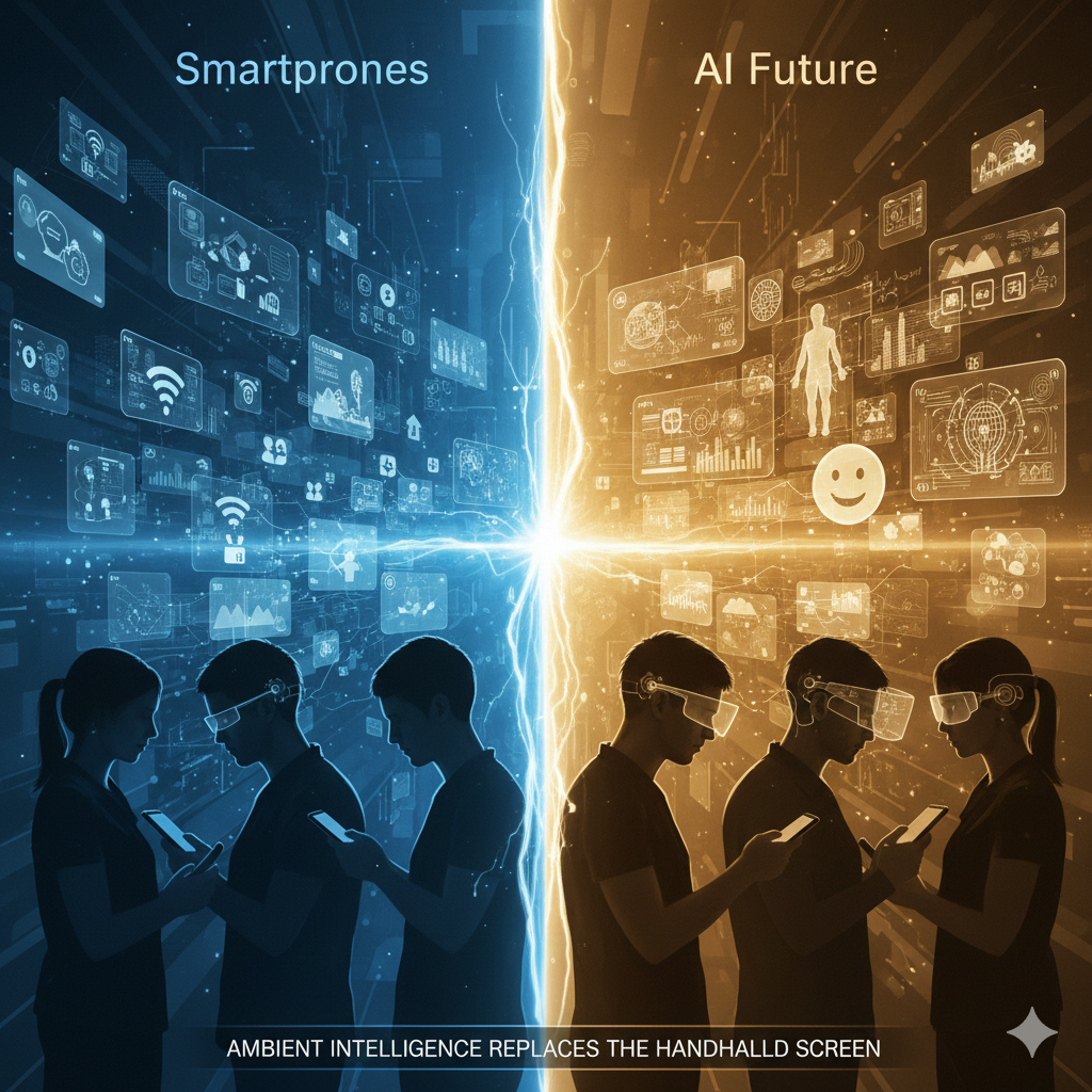A split-screen visual comparing people looking down at handheld smartphones in a blue-tinted "Smartphones" section versus people wearing sleek AR glasses looking up at holographic displays in a golden "AI Future" section.