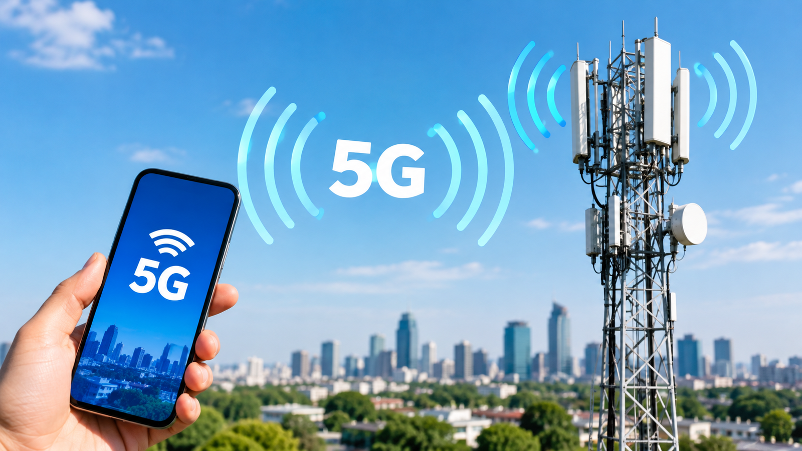 5G mobile network explained with a cell tower and wireless signals