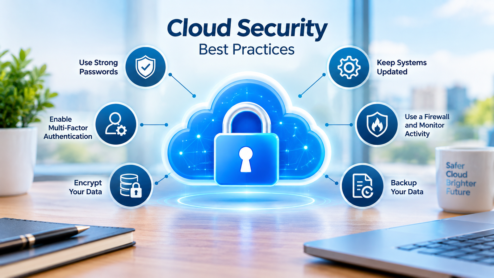 Cloud security best practices shown with a cloud and a padlock