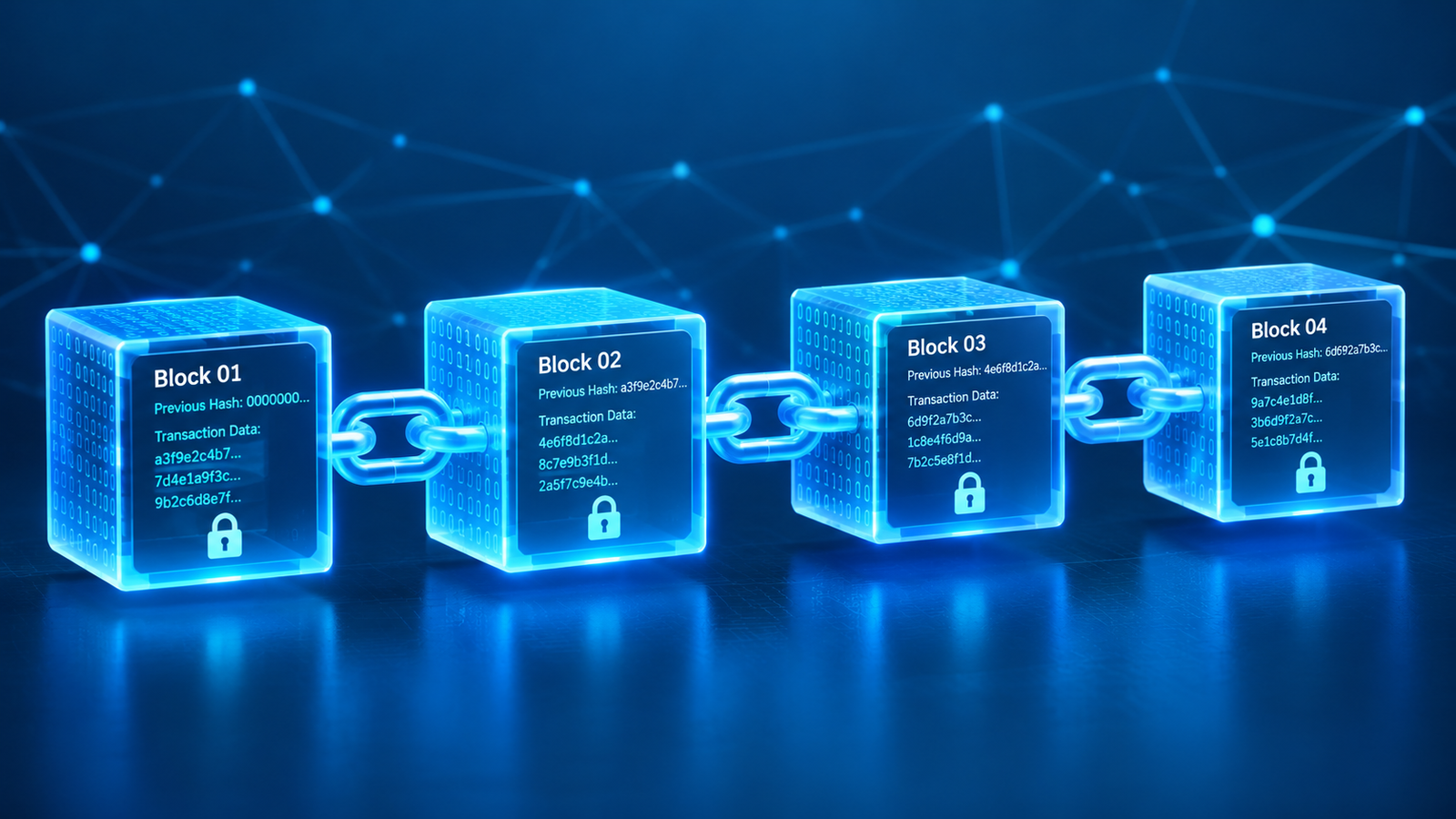Blockchain explained with linked digital blocks forming a chain