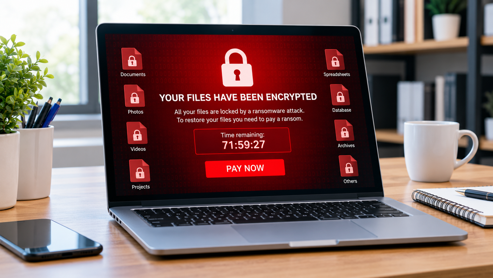 Ransomware attack locking files on a computer screen