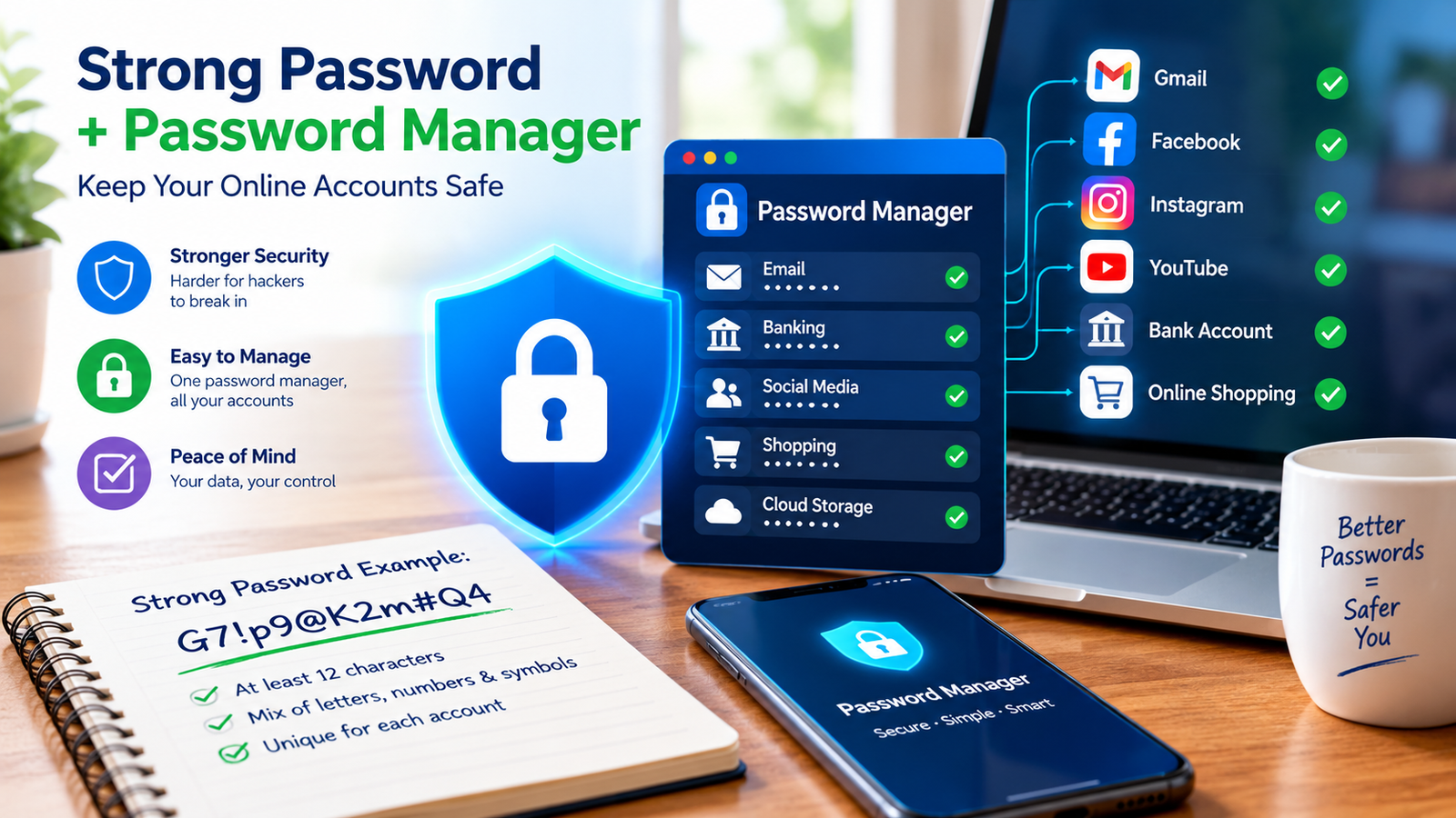 Strong password and password manager protecting online accounts