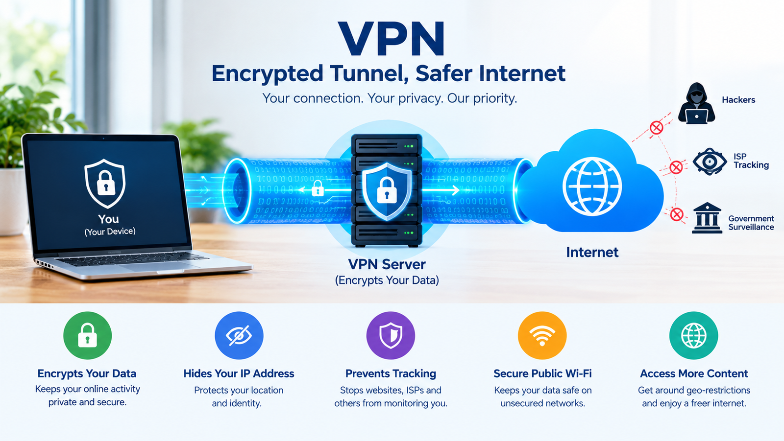 VPN encrypted tunnel protecting an internet connection